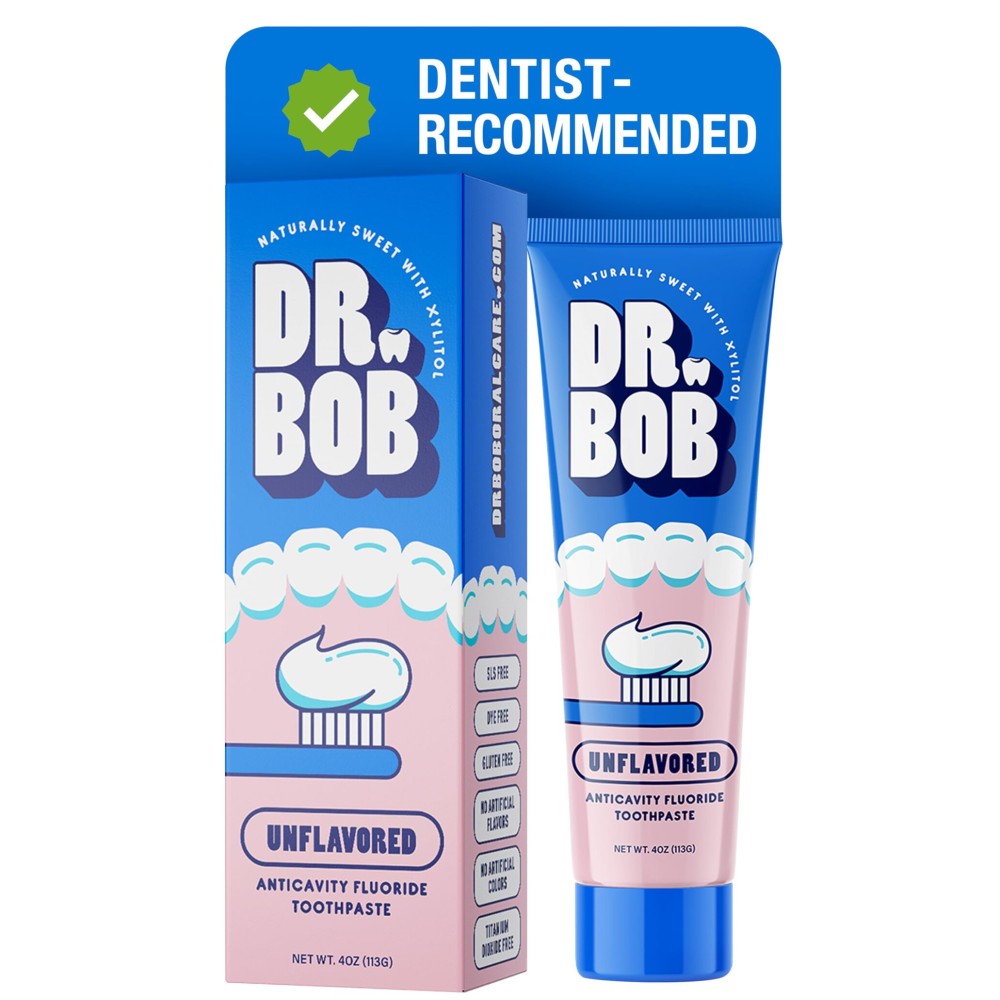 Dr. Bob Unflavored Anticavity Fluoride Toothpaste for Kids, Dentist-Recommended Toothpaste Gel with Xylitol for Sensitive Teeth, SLS-Free, Children and Adult Oral Care, 4 oz., 1-Pack