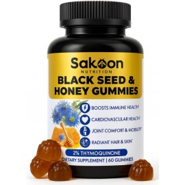 Sakoon nutrition Black Seed Oil Gummies with Honey and W/ 2%+ THYMOQUINONE - Nigella Sativa Seeds - Super antioxidant for Immune Support, Joints, Digestion, Hair & Skin - 60 Gummies