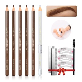 LSxia Waterproof Eye-Brow Pen-cil Set, Pull Cord Peel-off Eyebrow Pencil Microblading Pen Supplies Kit, White Eye-Liner Pencil and Eyebrows Tool Tattoo Makeup For Marking (5+1 Light Brown)