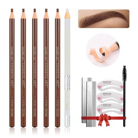 LSxia Waterproof Eye-Brow Pen-cil Set, Pull Cord Peel-off Eyebrow Pencil Microblading Pen Supplies Kit, White Eye-Liner Pencil and Eyebrows Tool Tattoo Makeup For Marking (5+1 Brown)