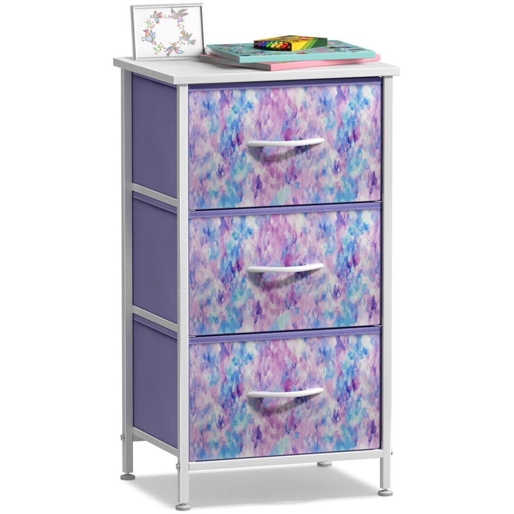 Sorbus Nightstand Storage Organizer Chest with 3 Drawers - Kids Girls, Boys Bedroom Furniture Chest for Clothes, Closet Organization - Steel Frame, Wood Top, Fabric Bin (3-Drawer, Blue/Pink/Purple)