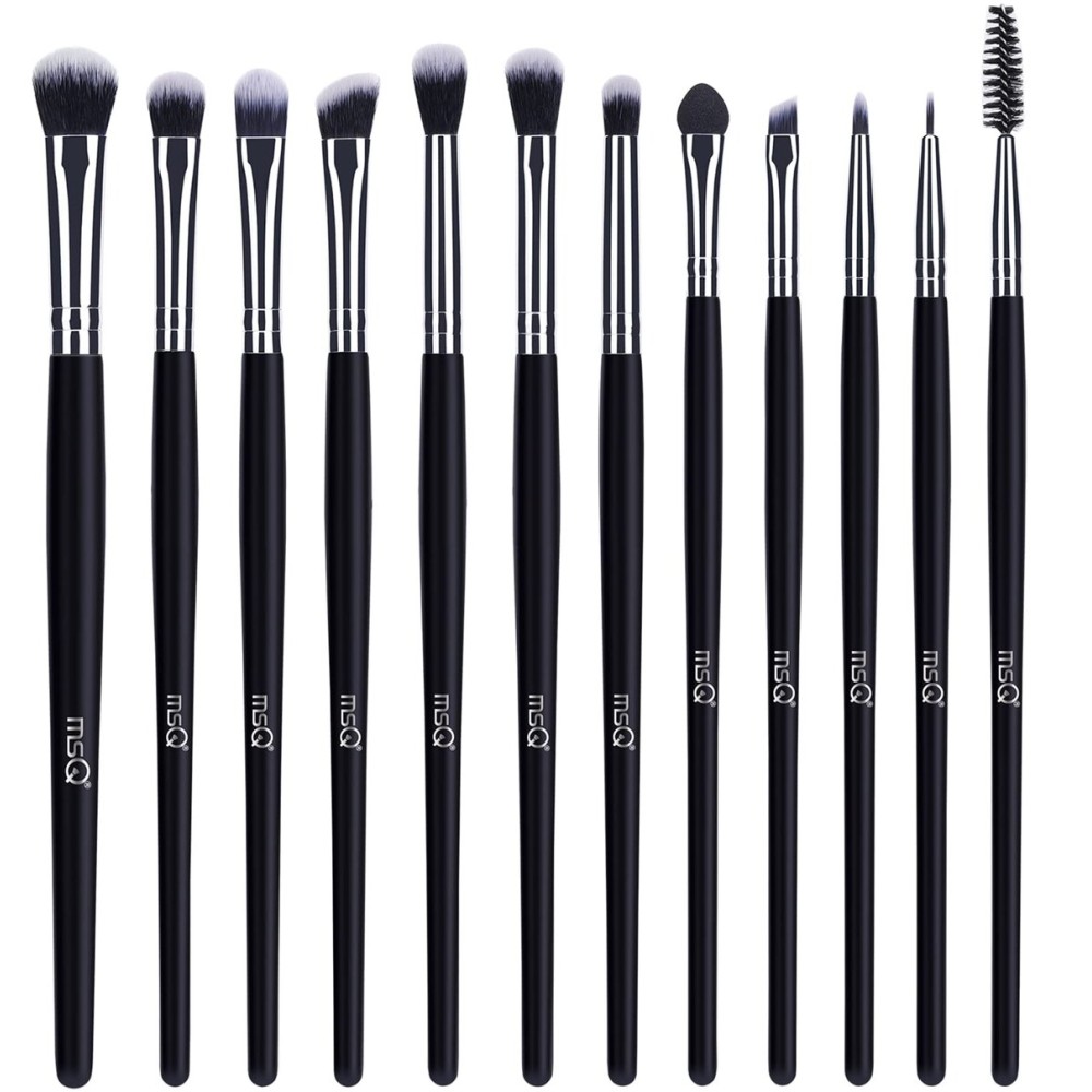 MSQ Eye Makeup Brushes 12pcs Eyeshadow Makeup Brushes Set with Soft Synthetic Hairs & Real Longer Wood Handle for Eyeshadow, Eyelash,Eyebrow, Eyeliner, Blending, Conclear(Black)