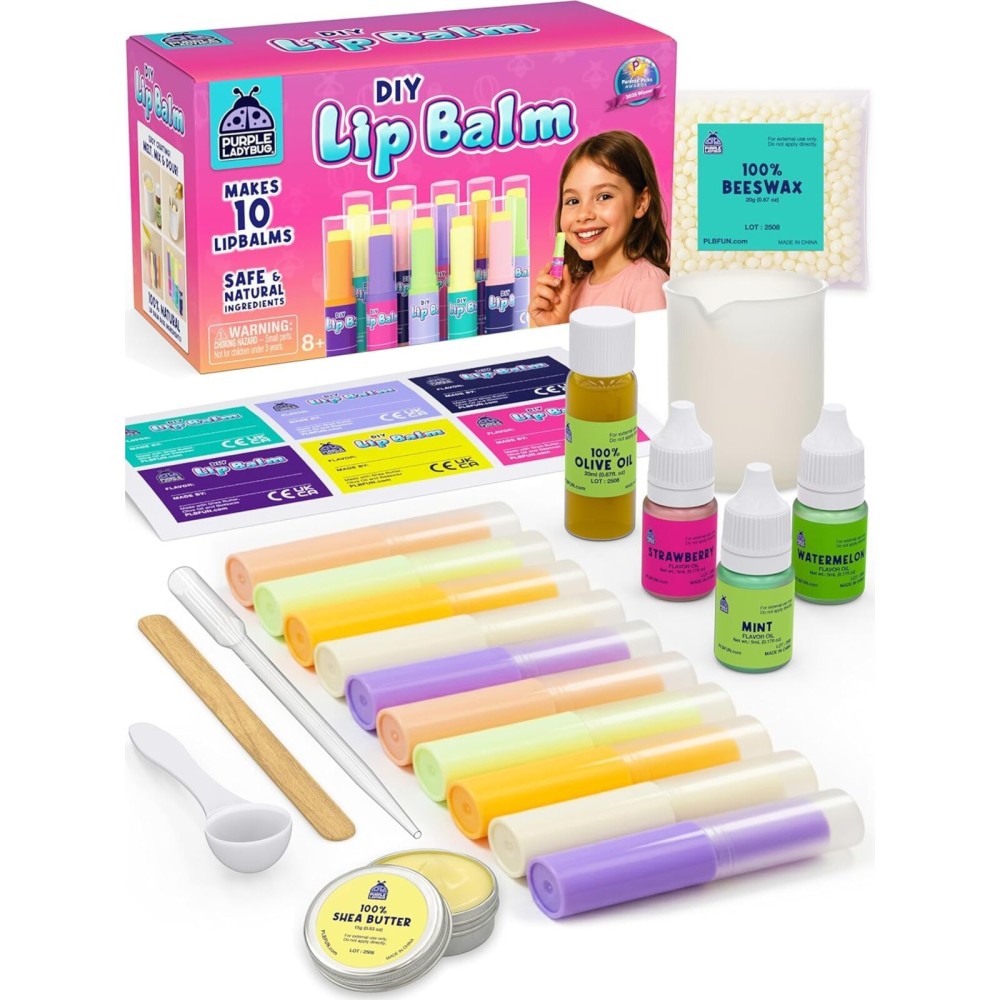 PURPLE LADYBUG DIY Lip Balm Making Kit - Girls Christmas Gift Idea for 8-12 Tweens & Teens, Gifts for 9 Year Old Girls - Natural Lip Care Craft, Make Your Own Lip Balm with 3 Flavors, STEM Science