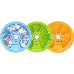 INVODA Weekly Pill Organizer 7 Compartment Rotating Pill Box for Daily Medication & Vitamins - Portable Travel Pill Case Fish Oil Supplements Vitamins Organizer (Green+Sky Blue+Orange)
