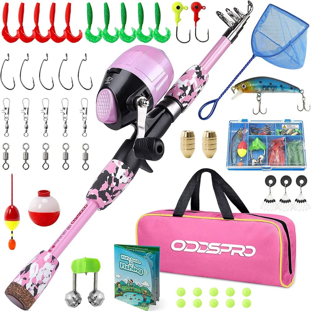 ODDSPRO Kids Fishing Pole - Kids Fishing Starter Kit - with Tackle Box, Reel, Practice Plug, Beginner\'s Guide and Travel Bag for Boys, Girls (Light Pink+Net, 1.5M 4.92Ft)