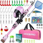 ODDSPRO Kids Fishing Pole - Kids Fishing Starter Kit - with Tackle Box, Reel, Practice Plug, Beginner\'s Guide and Travel Bag for Boys, Girls (Light Pink+Net, 1.5M 4.92Ft)