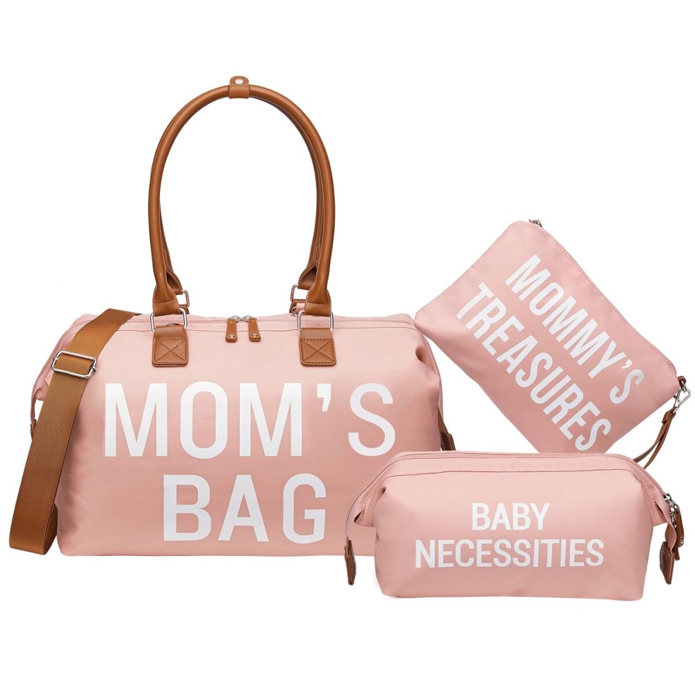 printe Mommy Diaper Bag Tote for Girls with 2 Organizer Pouches, Large Capacity Mom\'s Bag for Hospital and Weekender Travel, Pink