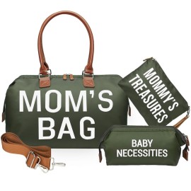 printe Mom\'s Bag, Hospital Bag for Labor and Delivery, Large Mommy Diaper Tote for Mom Overnight Travel, Waterproof Baby Handbag with Pouches and Straps, Olive Green