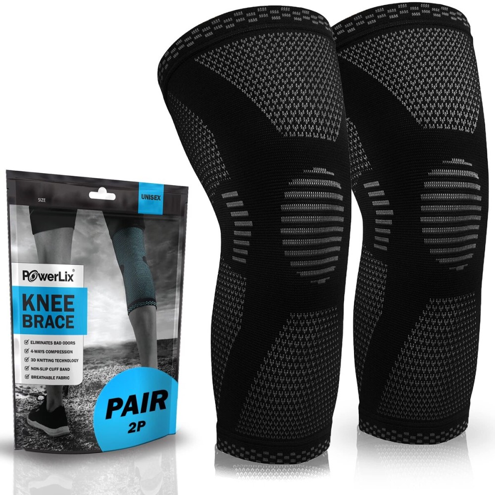 POWERLIX Knee Compression Sleeve (Pair) - Best Knee Brace for Knee Pain for Men & Women - Knee Support for Running, Basketball, Volleyball, Weightlifting, Gym, Workout, Sports - (Black S)
