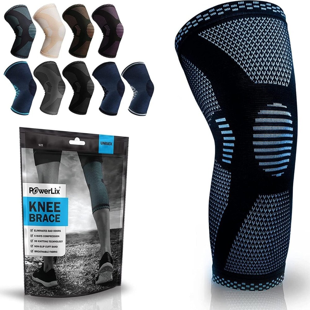 POWERLIX Knee Compression Sleeve - Best Knee Brace for Knee Pain for Men & Women - Knee Support for Running, Basketball, Volleyball, Weightlifting, Gym, Workout, Sports - (Light Blue L)