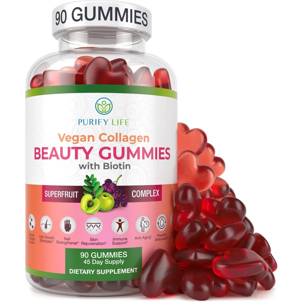 Purify Life Vegan Collagen Gummies with Biotin Vitamins for Hair Skin and Nails Health, (90 Chews) Collagen Support Superfruit Complex with Resveratrol, Vitamin A, E, C - Replace Capsules, Pills