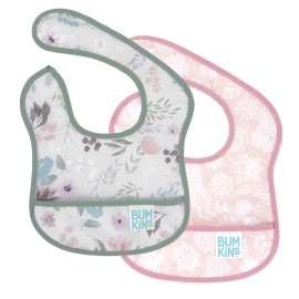 Bumkins Bibs, for Baby Girl or Boy, Infant 3-9 Months, Essential Must Have for Eating, Feeding, Baby Led Weaning, Mess Saving Waterproof Soft Fabric, Starter Bib 2-pk Floral and Lace Gray and Pink