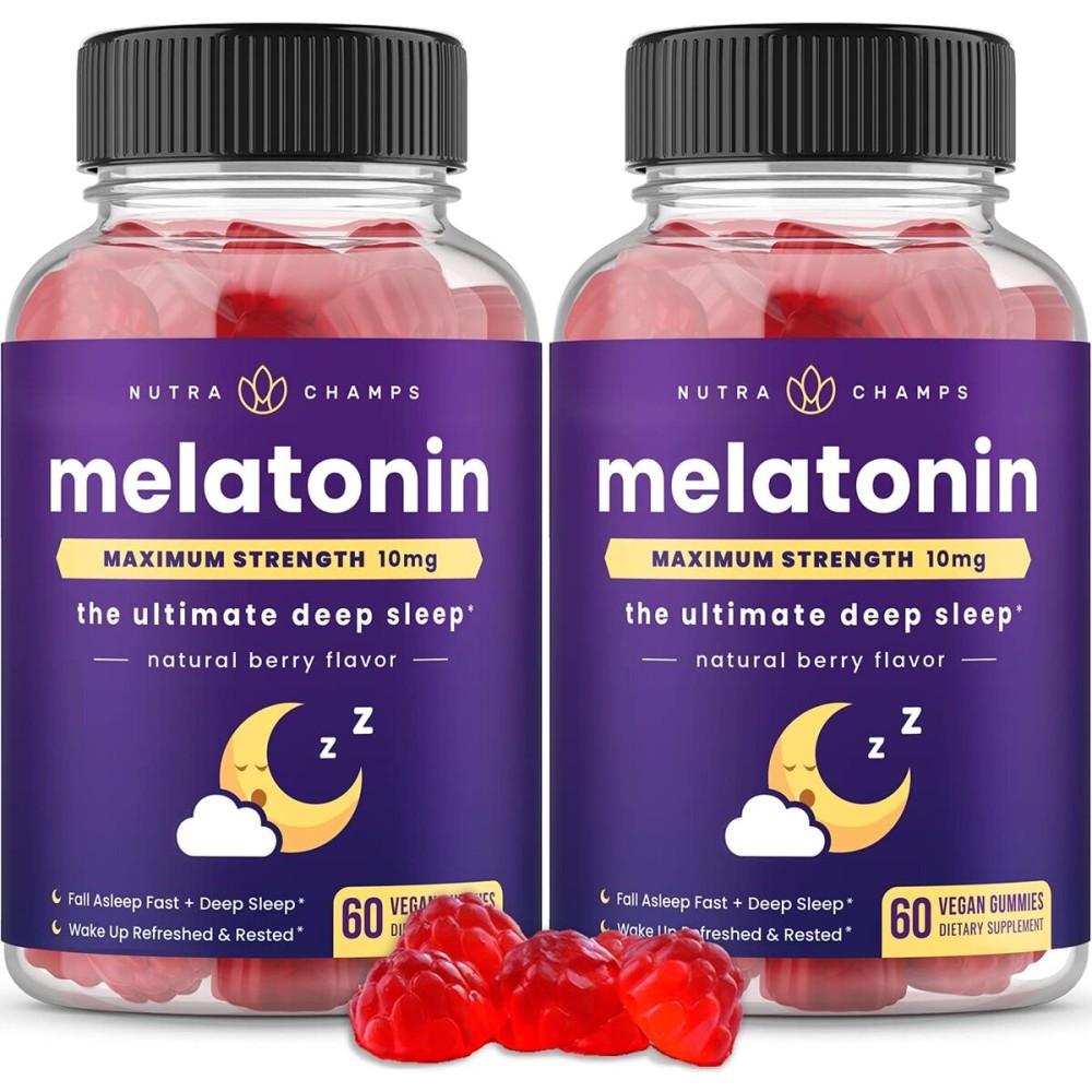 NutraChamps (Pack of 2 Melatonin Gummies for Adults, Extra Strength Sleep Aid Vitamins, 5mg or 10mg Dose, Vegan Natural Strawberry Flavor Supplement for Better Sleep, 120 Gummies