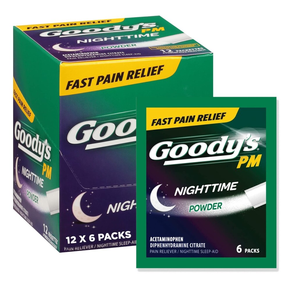 Goody\'s Nighttime Powder, Pain Reliever & Sleep Aid with Acetaminophen & Diphenhydramine Citrate, Caffeine Free, 6 Count, Pack of 12