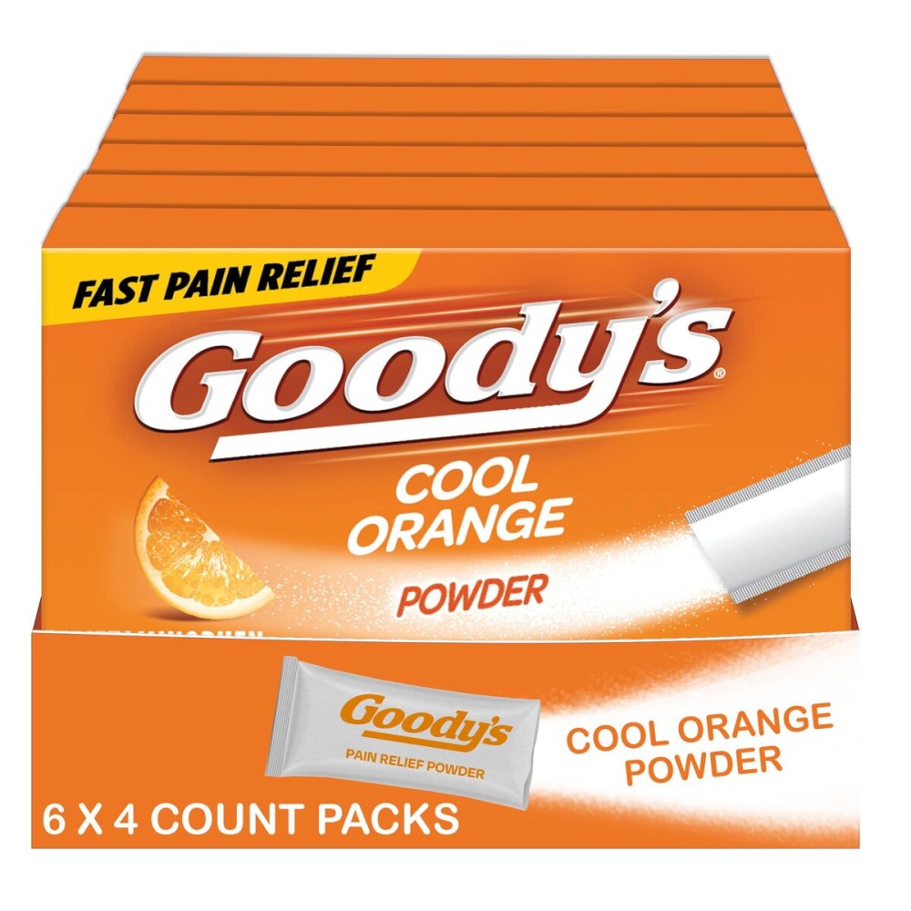 Goody\'s Headache Powder, Triple Action Fast-Acting Formula Headache Relief with Aspirin, Acetaminophen & Caffeine, Cool Orange Flavor, 4 Powder Sticks, 6 Pack
