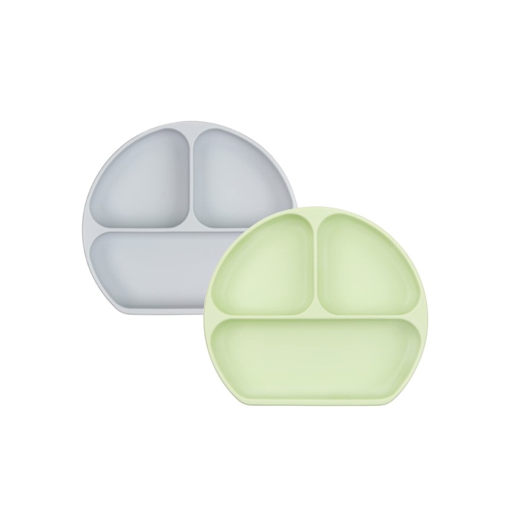 Bumkins Toddler and Baby Suction Plate, Silicone Divided Grip Dish for Babies and Kids, Baby Led Weaning, Children Feeding Supplies, Non Skid Bottom, Platinum Silicone, 6 Months Up, Gray and Sage