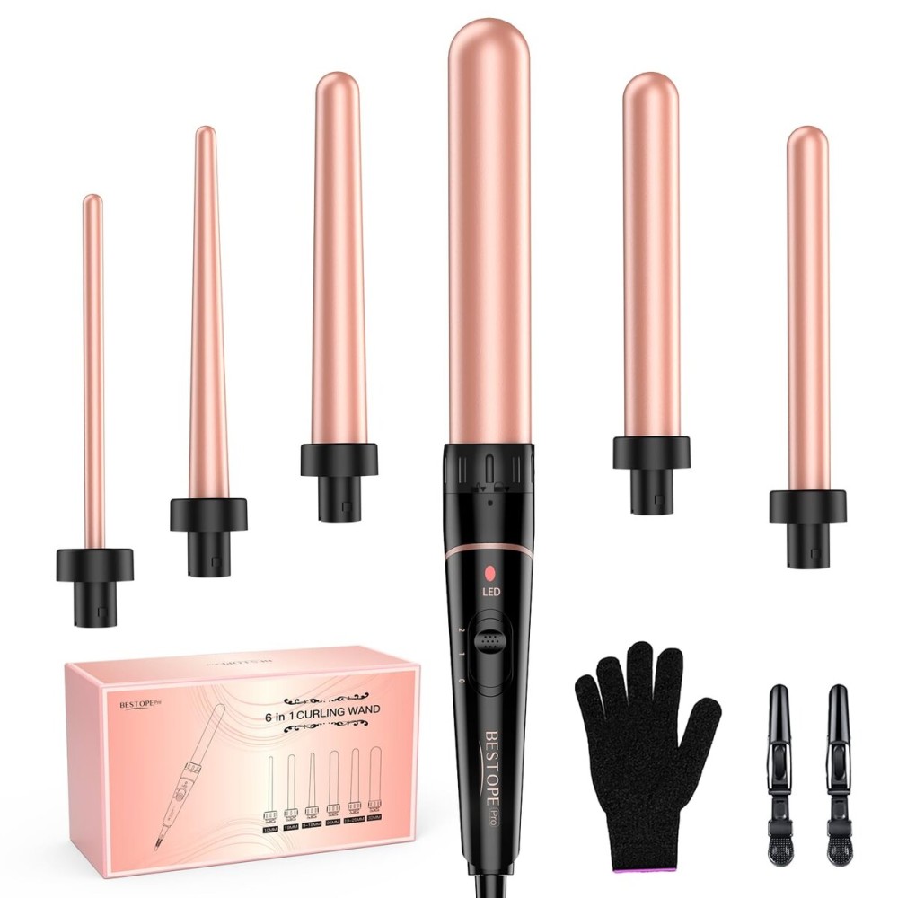 Long Barrel Curling Iron Wand Set, BESTOPE PRO 6 in 1 Curling Wand Set with Ceramic Barrel for Long/Medium Hair, 0.35-1.25 Interchangeable Hair Wand Curler, Dual Voltage, Include Glove & Clips
