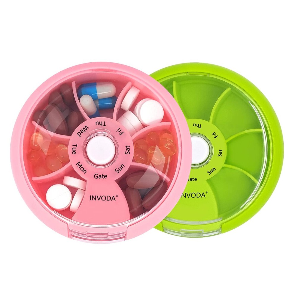 INVODA Weekly Pill Organizer 7 Compartment Rotating Pill Box for Daily Medication & Vitamins - Portable Travel Pill Case Fish Oil Supplements Vitamins Organizer (Pink+Green)