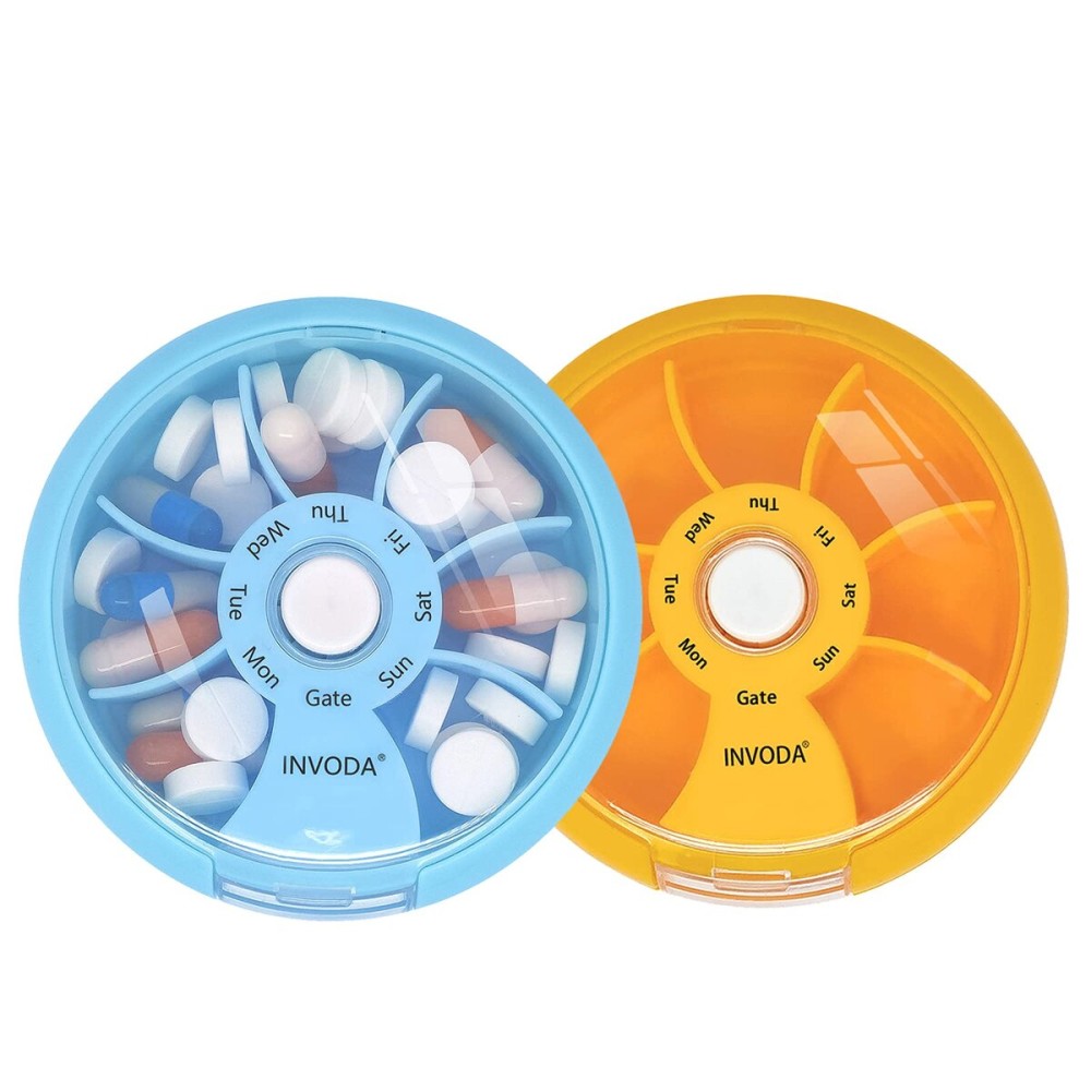 INVODA Weekly Pill Organizer 7 Compartment Rotating Pill Box for Daily Medication & Vitamins - Portable Travel Pill Case Fish Oil Supplements Vitamins Organizer (Blue+Orange)