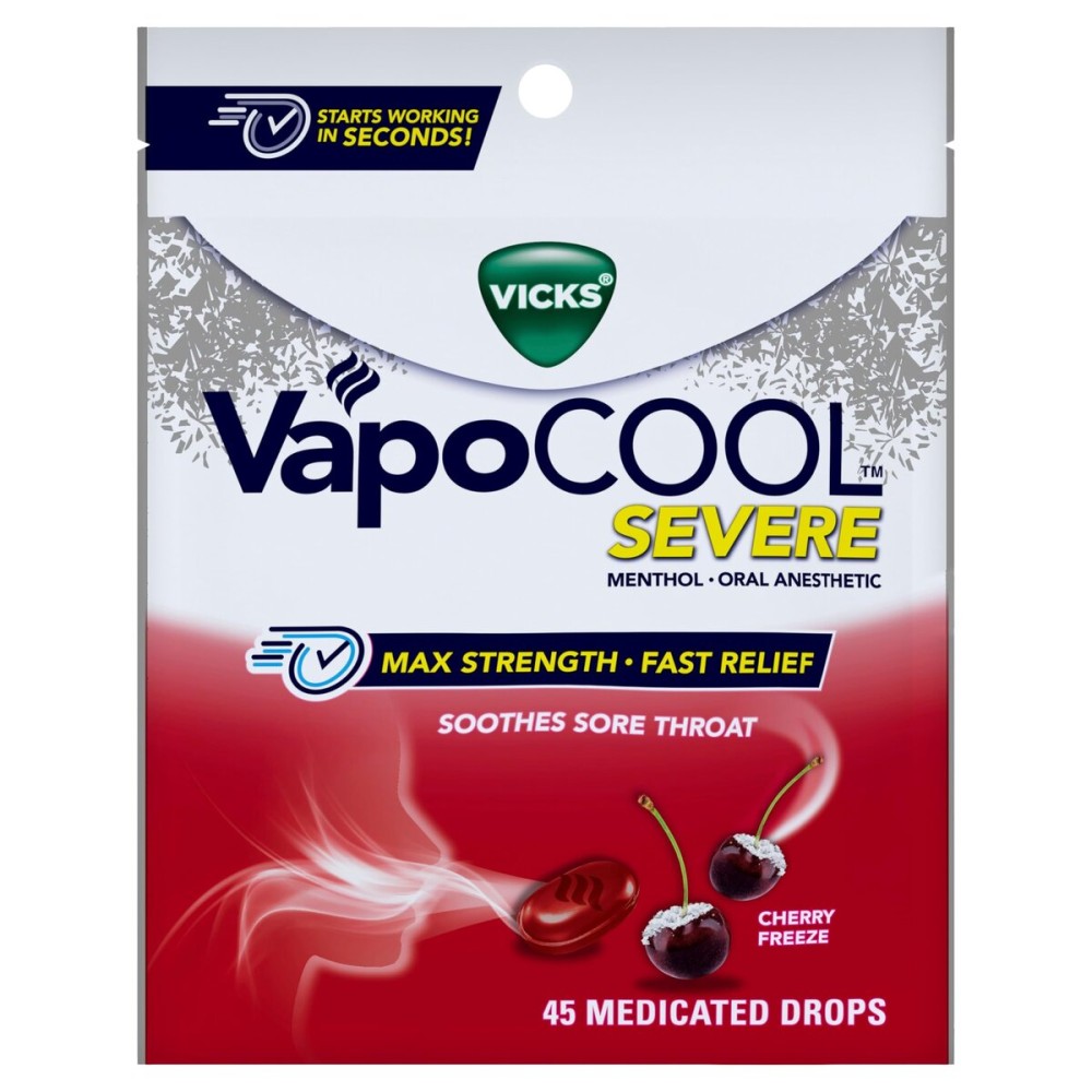 Vicks VapoCOOL SEVERE Medicated Sore Throat Drops, Fast-Acting Max Strength Relief, Soothes Sore Throat Pain Caused by Cough, Powerful Vicks Vapors, Menthol, Cherry Freeze, 225 Total (5 Packs of 45)