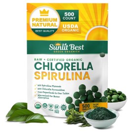 Sunlit Best Chlorella Spirulina Tablets - Organic USDA, Premium Spirulinas and Chlorella Capsules 500 Pills - Chlorellas Natural Superfood with Spirulina Algae, Enzymes Chlorophyll & Vegan Protein