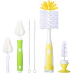 CAREBABYMORE Baby Bottle Brush with One Base Hidden Nylon Nipple Cleaner, 2 Pcs Sponge Nipple Brushes, 2 Pcs Straw Brushes, Bottle Brush with Nipple Cleaner and Suction Cup (Yellow)