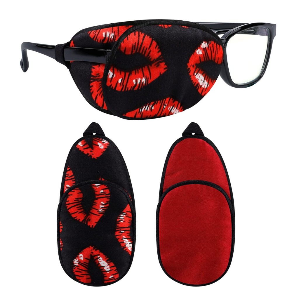 eZAKKA Eye Patches for Adults, Eye Patch for Glasses, Silk Medical Eyepatch for Lazy Eye Patches for Women Amblyopia Strabismus and After Surgery (Red Lips + Claret)