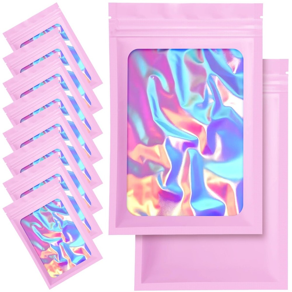 100 Pack Mylar Bags - 3.5 x 4.7 Inch Resealable Smell Proof Bags Foil Pouch Flat Bag with Front Window Pink