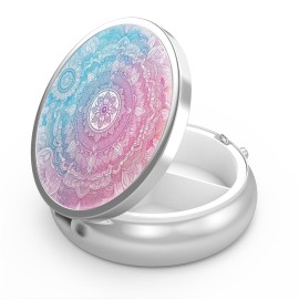 Pill Box 3 Compartment Small Pill Case,Portable for Pocket or Purse Pill Organizer Pill Container Holder to Hold Vitamins, Medication, Fish Oil and Supplements(Mandala Bright)