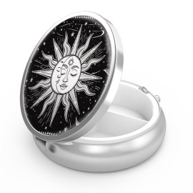 Pill Box 3 Compartment Small Pill Case,Portable for Pocket or Purse Pill Organizer Pill Container Holder to Hold Vitamins, Medication, Fish Oil and Supplements(Sun and Moon)