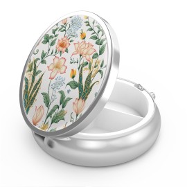 Pill Box 3 Compartment Medicine Pill Case,Portable for Pocket or Purse Pill Box Decorative Metal Medicine Vitamin Organizer Unique Gift(Floral Flower)