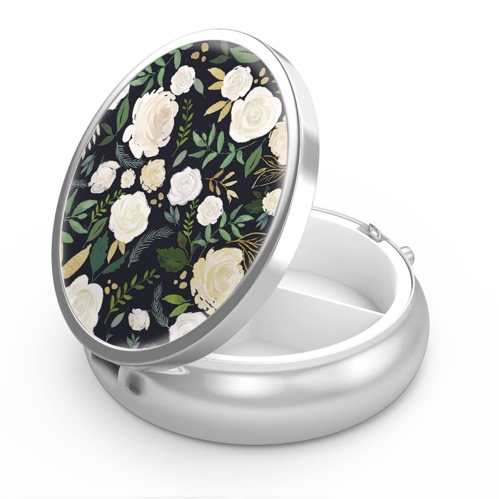 Pill Box 3 Compartment Small Pill Case,Portable for Pocket or Purse Pill Organizer Pill Container Holder to Hold Vitamins, Medication, Fish Oil and Supplements(Elegant Flowers)