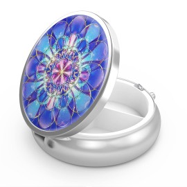 Pill Box 3 Compartment Small Pill Case,Portable for Pocket or Purse Pill Organizer Pill Container Holder to Hold Vitamins, Medication, Fish Oil and Supplements(Mandala Navy Blue)