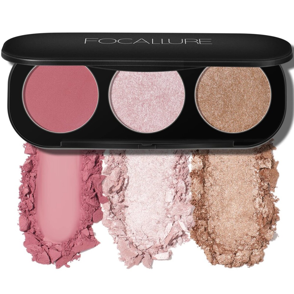FOCALLURE Blush and Highlighter Palette,3 in 1 Makeup Powder, Cruelty-Free Matte, Shimmer Illuminator for a Glowing Look,03