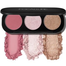 FOCALLURE Blush and Highlighter Palette,3 in 1 Makeup Powder, Cruelty-Free Matte, Shimmer Illuminator for a Glowing Look,03