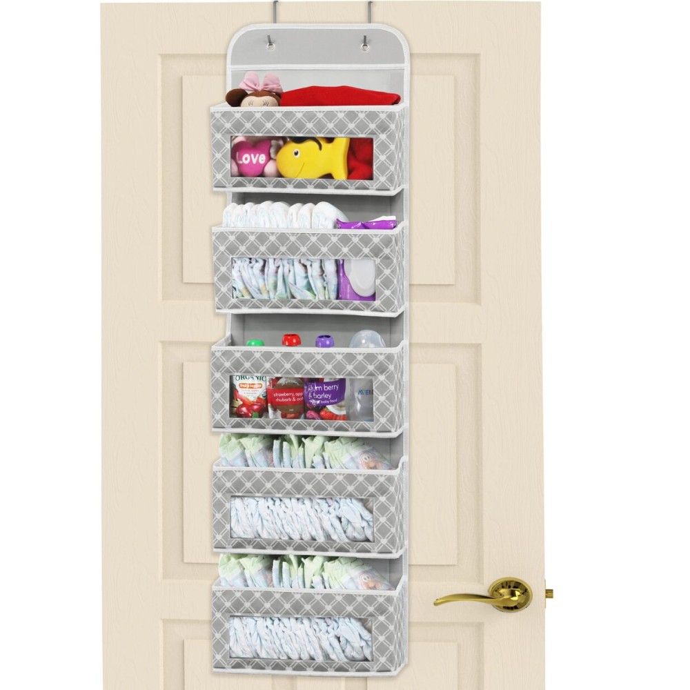 Simple Houseware 5 Clear Window Pocket Over Closet Door Storage Hanging Organizer for Bedroom, Bathroom, Pantry, Geometric Gray