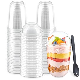 Zezzxu 50 Pack 16 oz Plastic Dessert Cups with Dome Lids (No Hole) and Sporks, Clear Disposable Fruit Cups with Lids for Yogurt Parfait Ice Creams Pudding Cakes