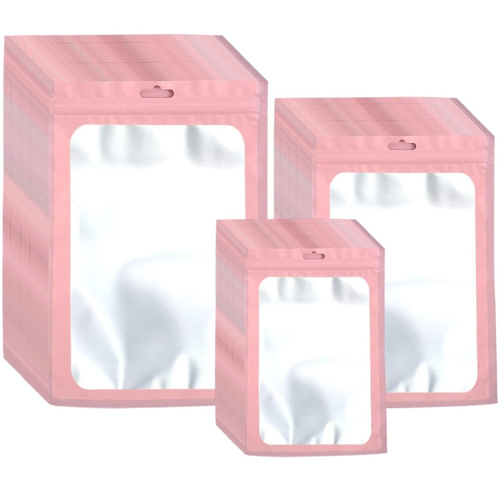 300 Pack 3 Sizes Resealable Mylar Bags Food Storage Smell Proof Bags with Front Window Packaging Pouch for Sample Snack Cookies Jewelry (Pink, 3 x 4.7 inch,4 x 6 inch,4.7 x 7.9 inch)