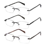 JJWELL 3 Pack Reading Glasses for Men Blue Light Blocking, Lightweight Rimless Metal Mens Eyeglasses Readers, Anti Eyestrain/Dryness/Computer Glare/UV 400, Spring Hinge Eyeglasses(350 Strength)