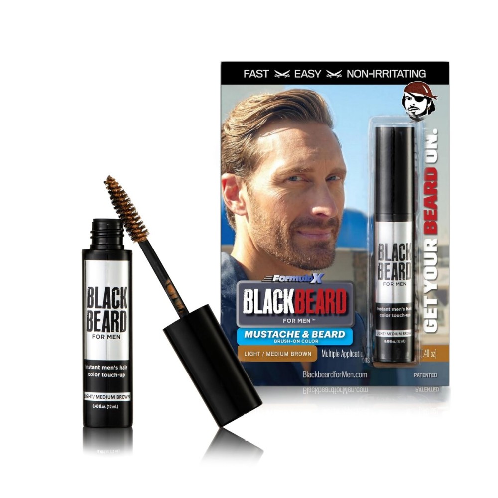 Blackbeard for Men Instant Beard Color - All Day Beard, Mustache, Eyebrow, and Sideburns Color - Temporary, Hypoallergenic Beard Dye Alternative - Up to 45 applications - Light/Medium Brown, 3 Pack