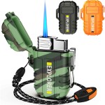 Torch Lighter, Refillable Butane Windproof Outdoor Gas With Adjustable Jet Flame, for Fireplace Fireworks Grill Camping BBQ, Gifts for Men - Camouflage (Without Gas)