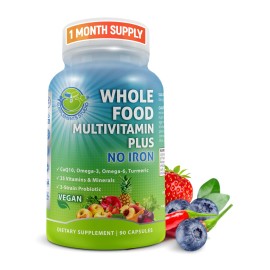 Vegan Whole Food Daily Multivitamin Without Iron, Methylated Multivitamin for Women and Men, Made with Fruits & Vegetables, B-Complex, Probiotics, Enzymes, CoQ10, Omegas, Turmeric, Non-GMO, 90 Count