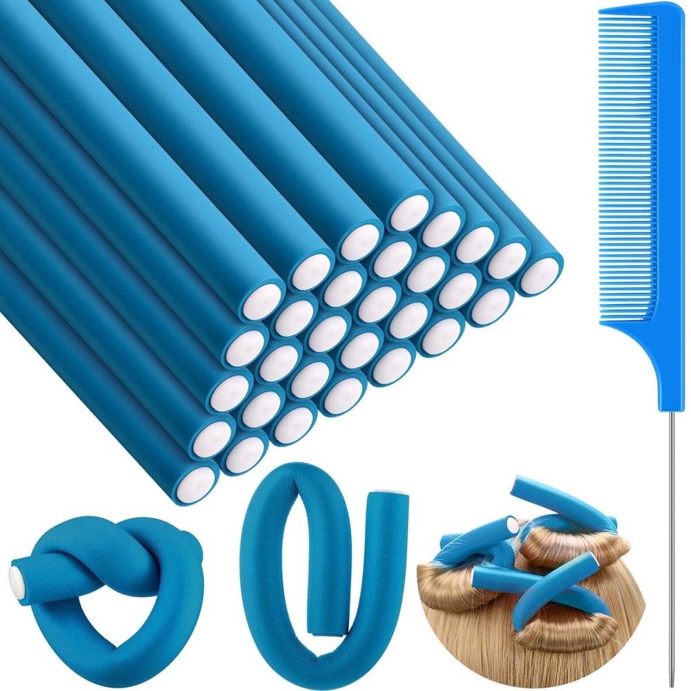 Syhood 30 Pieces Flexible Curling Rods Twist Hair Rollers Soft Foam Rods No Heat and 1 Pcs Steel Rat Tail Comb for Women Long and Short Hair(7 x 0.7 Inch,Blue)