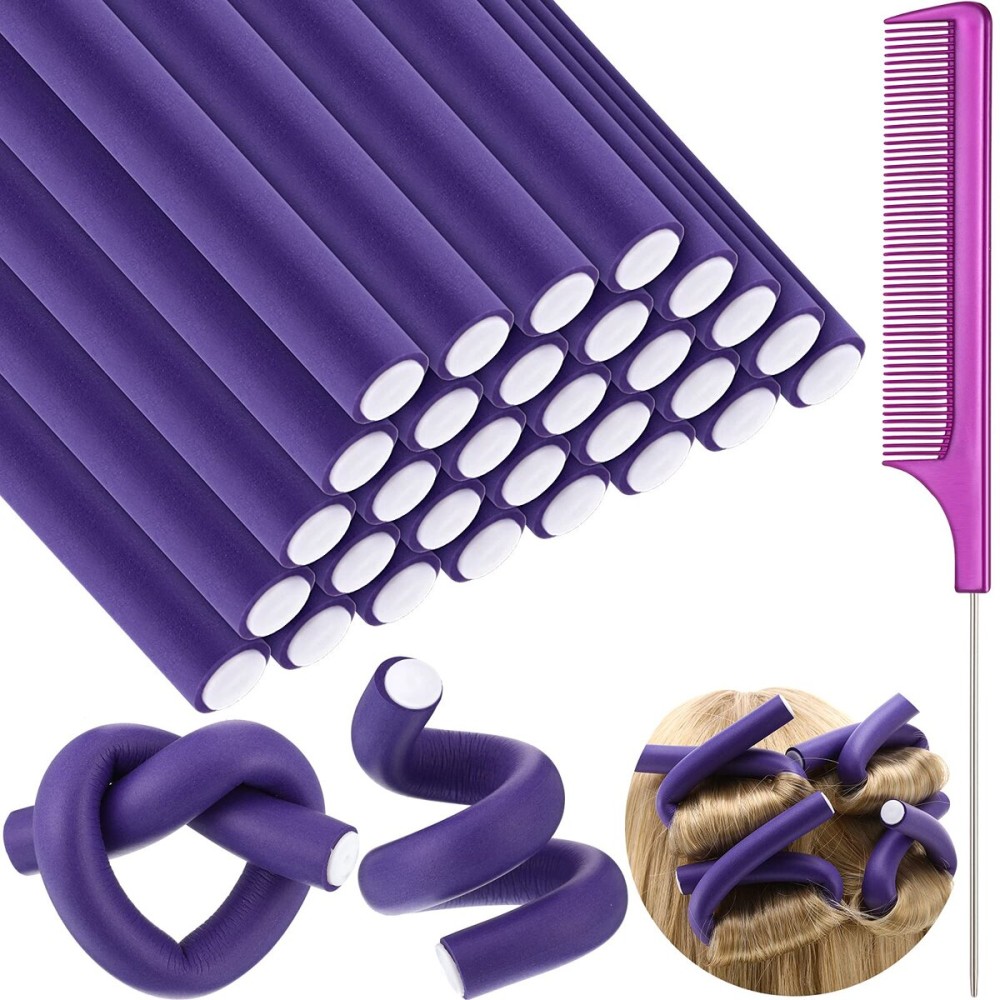 Syhood 30 Pieces Flexible Curling Rods Twist Hair Rollers Soft Foam Rods No Heat and 1 Pcs Steel Rat Tail Comb for Women Long and Short Hair (7 x 0.8 Inch,Purple)