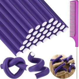 Syhood 30 Pieces Flexible Curling Rods Twist Hair Rollers Soft Foam Rods No Heat and 1 Pcs Steel Rat Tail Comb for Women Long and Short Hair (7 x 0.8 Inch,Purple)