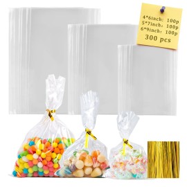 Labeol 300pcs Cellophane Bags 6X9 5X7 4X6 Cellophane Treat Bags with Ties Goodie Bag Clear Gift Bag Candy Cookie Party Favor Wraps for Packaging