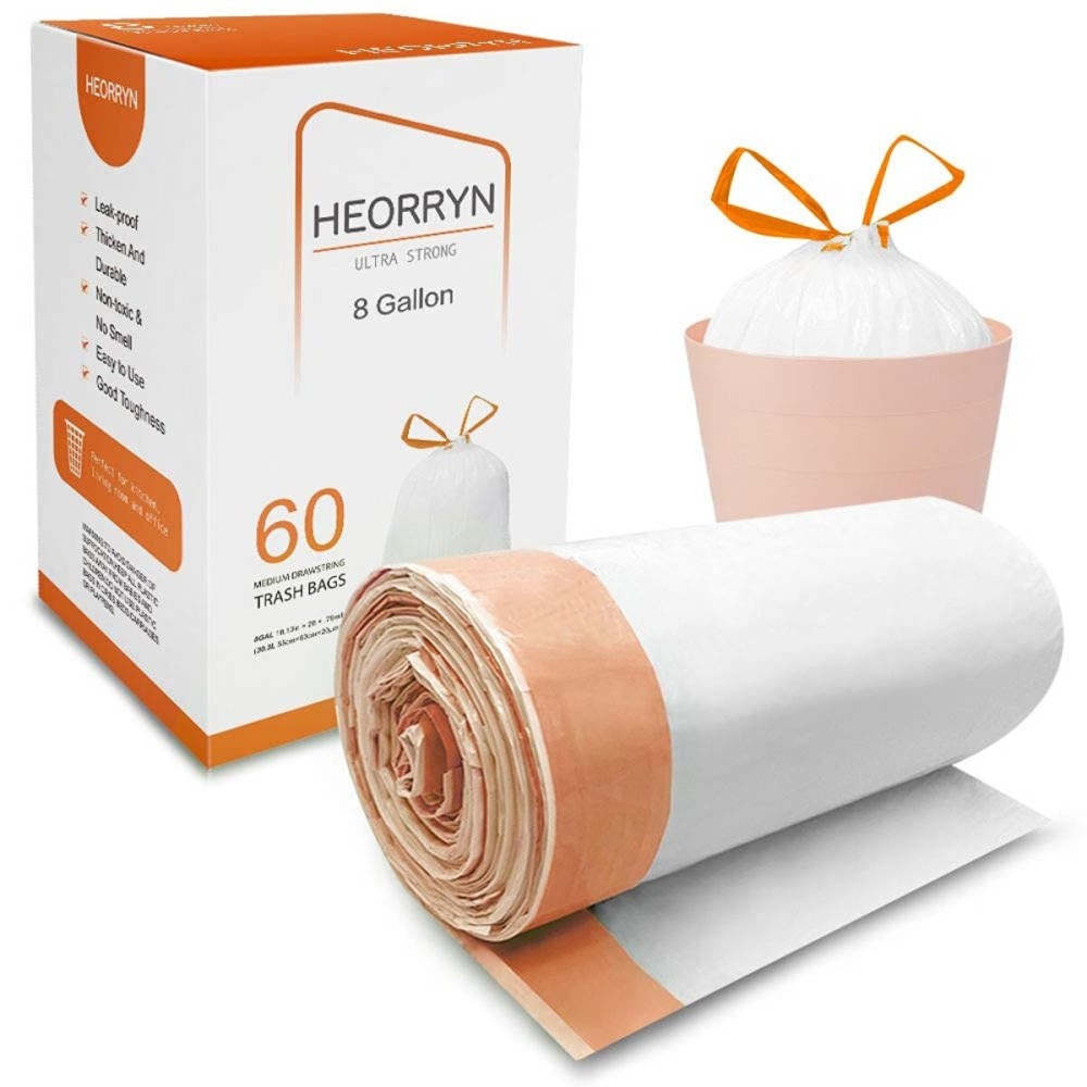 60 Count 8 Gallon Drawstring Trash Bags-0.79 Mil Ultra Strong Medium Trash Can Liners for Kitchen/Office,Unscented White Garbage Bags
