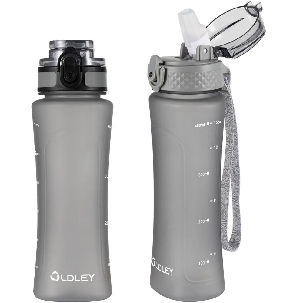 OLDLEY Kids Water Bottle for School with Straw Chug Lid, 15 oz Unbreakable Leak-Proof BPA-Free Motivational Water Bottles with Time Marker for Travel Sports Gym, 2 Lids, Grey