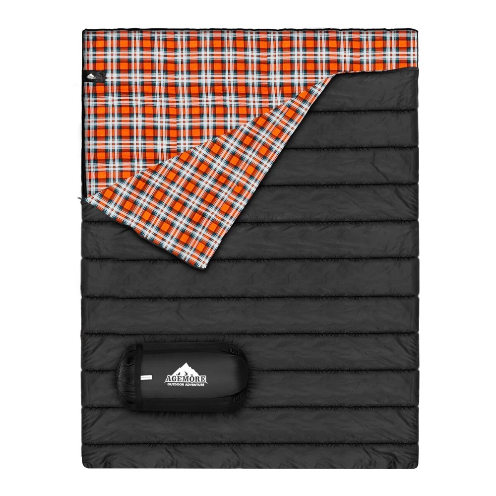 AGEMORE Cotton Flannel Double Sleeping Bag for Camping, Backpacking Or Hiking. Queen Size 2 Person Waterproof Sleeping Bag for Adults Or Teens. Lightweight with Compression Sack