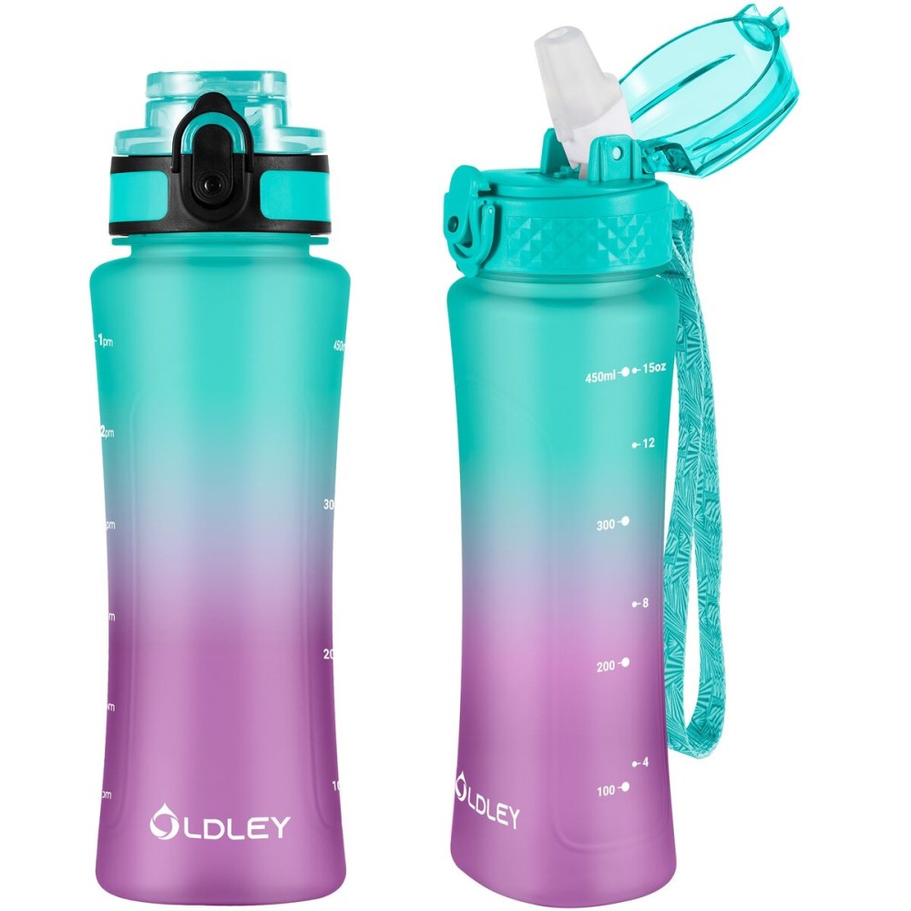OLDLEY Kids Water Bottle for School with Straw Chug Lid, 15 oz Unbreakable Leak-Proof BPA-Free Motivational Water Bottles with Time Marker for Travel Sports Gym, 2 Lids, Mint Purple